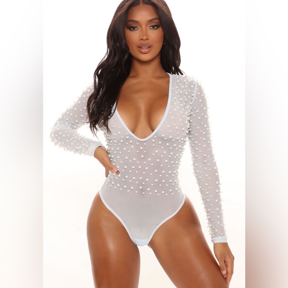 Embellished Pearl Mesh Bodysuit Light Blue Fashion Nova